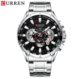 Buy silver-black Sport Watches Men‘s Luxury Brand Quartz Clock Stainless Steel Chronograph Big Dial