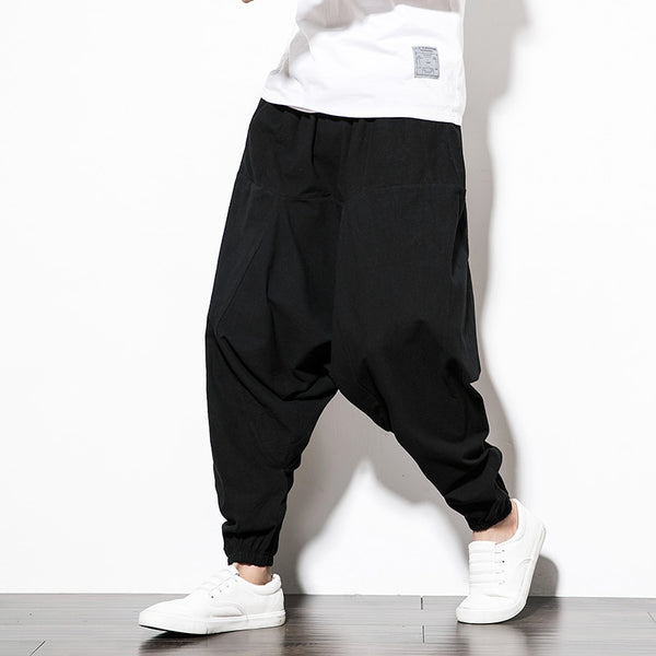 Men Streetwear Casual Joggers Cotton Linen Sweatpants Ankle-length