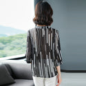 Womens Spring Summer Style Chiffon Blouses Striped V-neck Three Quarter Sleeve Casual Loose Tops