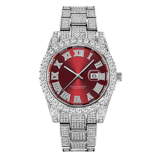 Buy silver-red Men Full Iced Out Luxury Date Quartz Wrist Watches