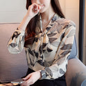 Spring Women Tops and Blouses Elegant Bow Floral Chiffon Blouse