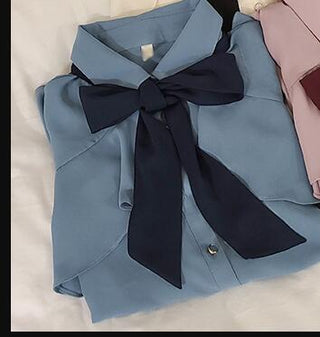 Buy blue Women's Ruffled Bow Tie Top Autumn Blouses