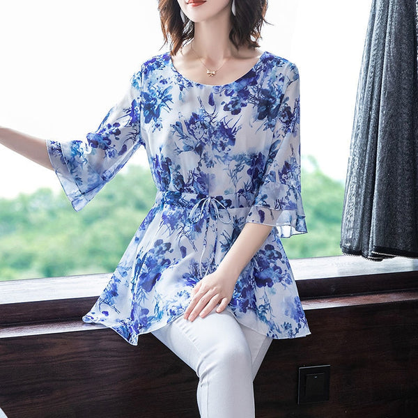 Women Spring Summer Style Chiffon Blouses Casual Short Sleeve O-Neck Solid Print