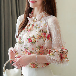 Buy pink 2022 women blouses floral print lace chiffon
