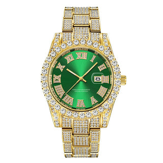 Buy gold-green Men Full Iced Out Luxury Date Quartz Wrist Watches