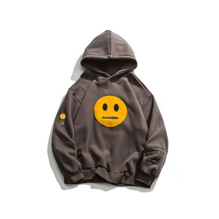 Buy dark-gray Zipper Pocket Smiley Face Patchwork Fleece Hoodies
