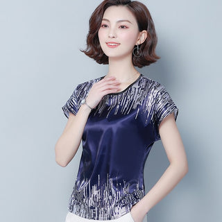 Buy blue 2022 Summer Women Blouses Short Sleeve Print Chiffon