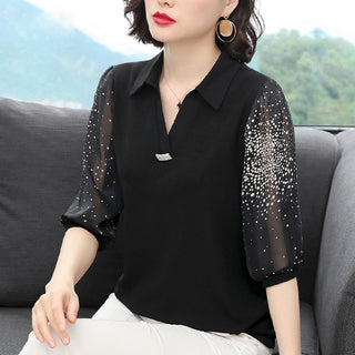 Buy black Women Spring Summer Style Chiffon Blouses Casual Turn-down Collar Patchwork