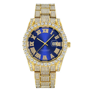 Buy gold-blue Men Full Iced Out Luxury Date Quartz Wrist Watches