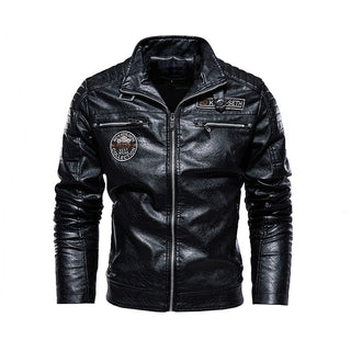 Buy black Men Winter Fleece Motorcycle PU Leather Jacket