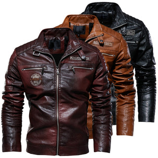 Men Winter Fleece Motorcycle PU Leather Jacket