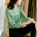 Womens Spring Summer Style Chiffon Blouses O-neck Solid Long Sleeve Lace Casual Tops