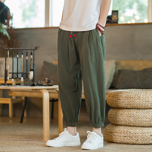 Men Streetwear Casual Joggers Cotton Linen Sweatpants Ankle-length