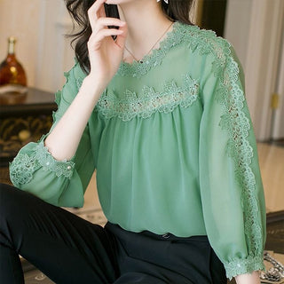 Buy green Womens Spring Summer Style Chiffon Blouses O-neck Solid Long Sleeve Lace Casual Tops