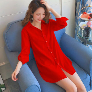Buy red Blouses Women Shirt Long Sleeves Bottom Top Loose Long Shirts
