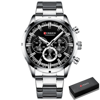 Buy silver-black-box Men's Watches Full Steel Waterproof Chronographic
