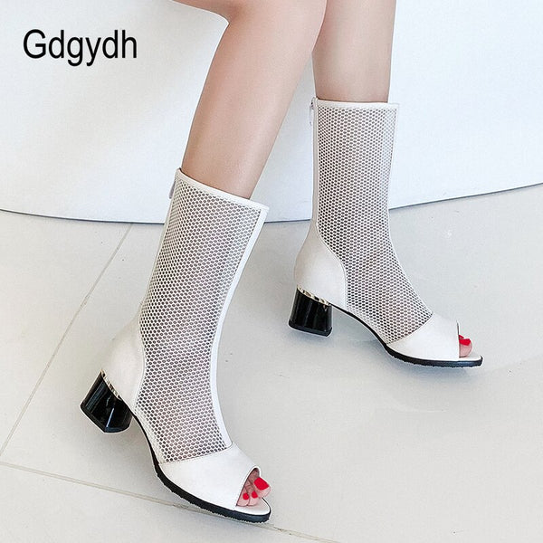 Hollow Out Summer Shoes Women 2022 Mesh Breathable Comfortable Mid Heel Female Boots