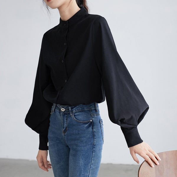 Long Sleeve Blouse Women Autumn Winter Single Breasted Stand Collar Shirts