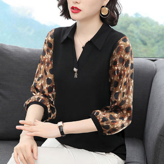 Buy leopard Women Spring Summer Style Chiffon Blouses Casual Turn-down Collar Patchwork