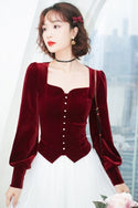 2021 Vintage Womens Square Collar Lantern Sleeve Wine Red Black Velvet Top Blouse