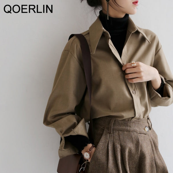 Coffee Blouse Women Spring Autumn Casual Solid Color Long Sleeve Shirt