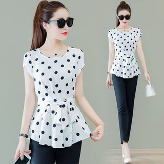 Buy white Women Spring Summer Style Chiffon Blouses Casual Short Sleeve O-Neck Solid Polka Dot