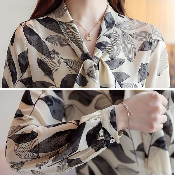 Spring Women Tops and Blouses Elegant Bow Floral Chiffon Blouse