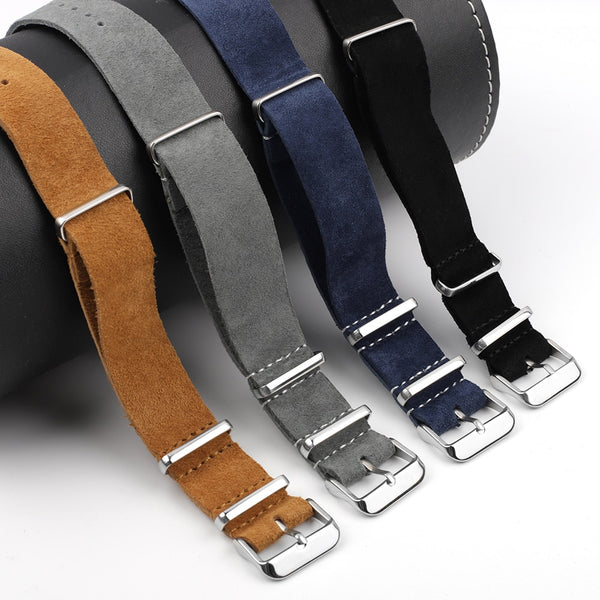Suede Leather Strap Watch Band Soft Replacement Belt Silver Square Buckle