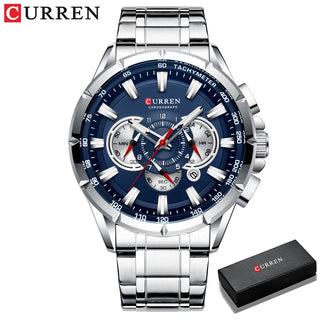Buy silver-blue-box Sport Watches Men‘s Luxury Brand Quartz Clock Stainless Steel Chronograph Big Dial