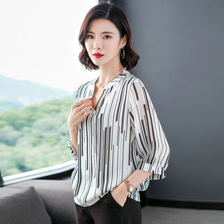 Buy white Womens Spring Summer Style Chiffon Blouses Striped V-neck Three Quarter Sleeve Casual Loose Tops
