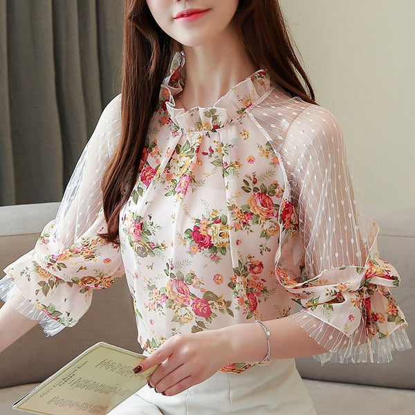 2022 women blouses floral print lace chiffon