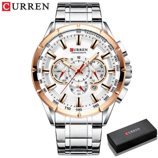 Buy silver-rose-box Sport Watches Men‘s Luxury Brand Quartz Clock Stainless Steel Chronograph Big Dial
