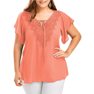 Buy pink Lace Patchwork Shirt Women's Tops and Blouses Short Sleeve