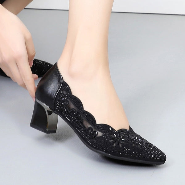 2022 Summer Fashion Hollow Out Genuine Leather Pumps Women Shoes Med Heels