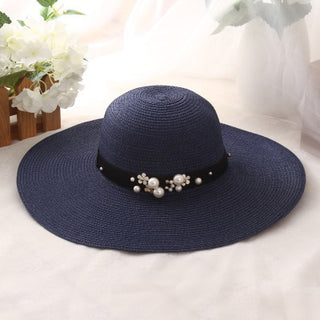 Buy navy-blue Round Top Raffia Wide Brim Straw Hats for Women