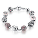 Silver Plated Charm Bracelet Bangle with Love and Flower Beads Women Wedding Jewelry 4 Colors