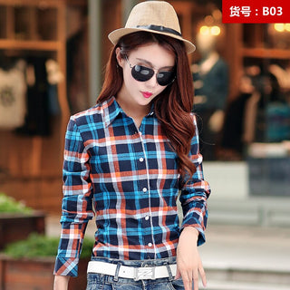 Buy b03 2022 Spring Fashion Casual Lapel Women Plaid Checkered Flannel Shirts