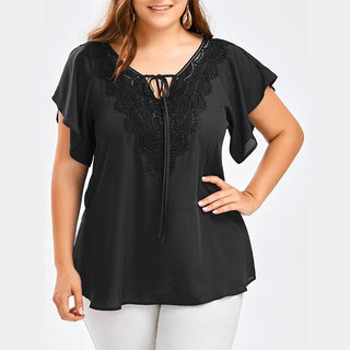 Buy black Lace Patchwork Shirt Women's Tops and Blouses Short Sleeve