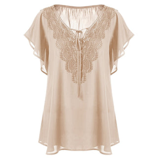 Buy khaki Lace Patchwork Shirt Women's Tops and Blouses Short Sleeve