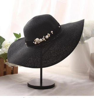 Buy balck Round Top Raffia Wide Brim Straw Hats for Women