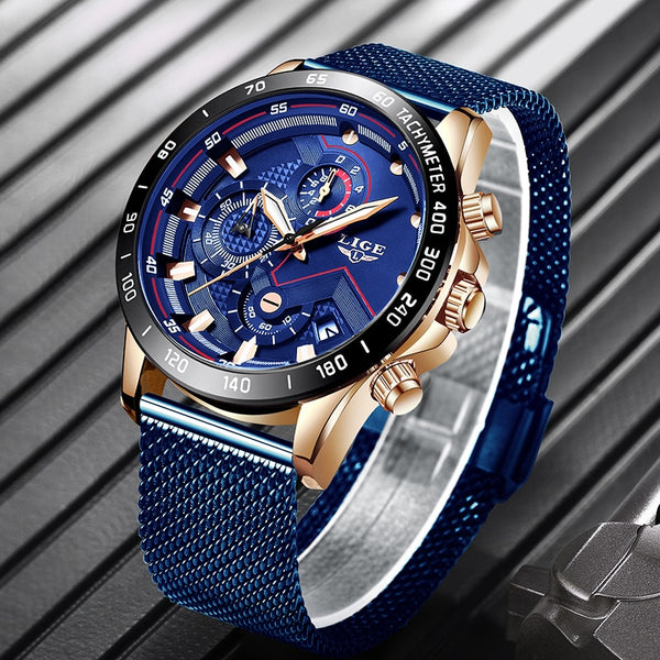 2022 New LIGE Blue Casual Mesh Belt Fashion Quartz Gold Watch Mens Watches