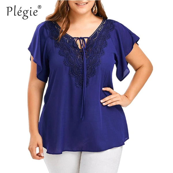 Lace Patchwork Shirt Women's Tops and Blouses Short Sleeve