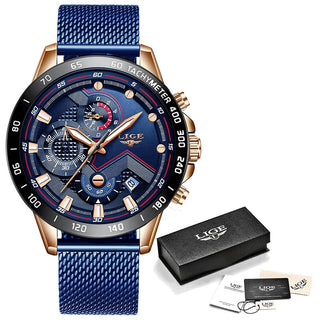 Buy rose-gold-blue 2022 New LIGE Blue Casual Mesh Belt Fashion Quartz Gold Watch Mens Watches