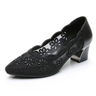 Buy 6032-black 2022 Summer Fashion Hollow Out Genuine Leather Pumps Women Shoes Med Heels