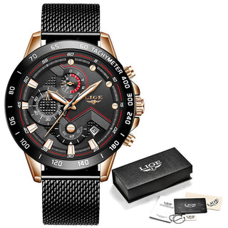 Buy rose-gold-black 2022 New LIGE Blue Casual Mesh Belt Fashion Quartz Gold Watch Mens Watches