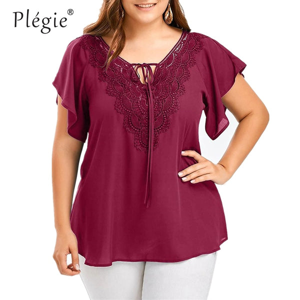 Lace Patchwork Shirt Women's Tops and Blouses Short Sleeve