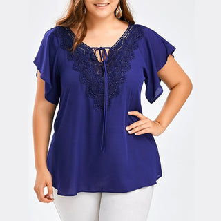 Buy blue Lace Patchwork Shirt Women's Tops and Blouses Short Sleeve
