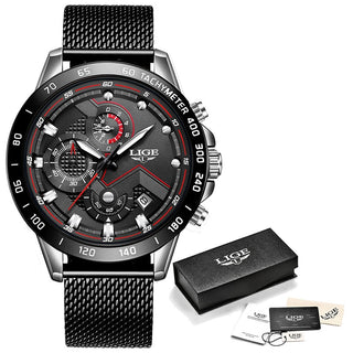 Buy silver-black 2022 New LIGE Blue Casual Mesh Belt Fashion Quartz Gold Watch Mens Watches