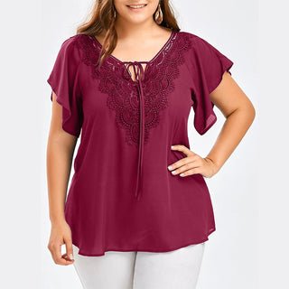 Buy drak-red Lace Patchwork Shirt Women's Tops and Blouses Short Sleeve