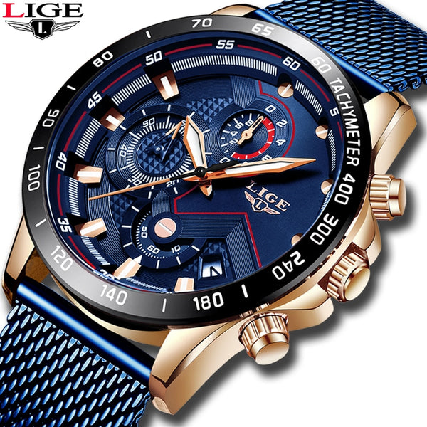 2022 New LIGE Blue Casual Mesh Belt Fashion Quartz Gold Watch Mens Watches